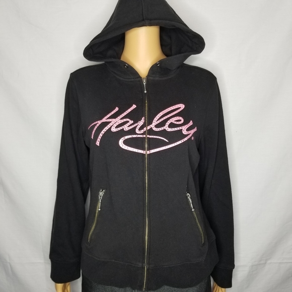 Harley-Davidson Jackets & Blazers - HARLEY-DAVIDSON BLACK/PINK BEDAZZLED ZIP HOODIE